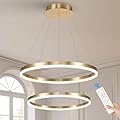 Benkut 2-Rings Modern LED Chandelier Gold for Dining Room, Circular Flush Mount Ceiling Chandelier Light Dimmable Pendant Light with Remote Control for Living Room Entrance Foyer, 3000K-6500K