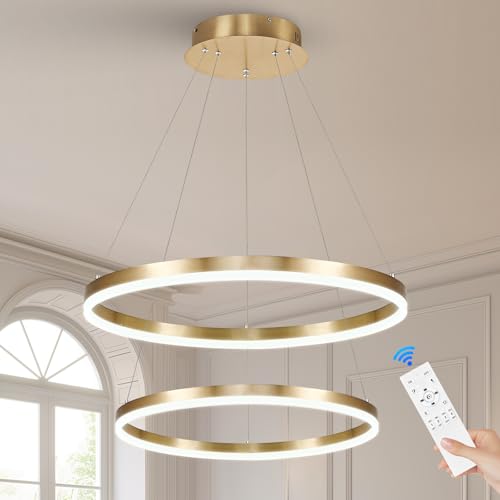 2-Rings Modern LED Chandelier Gold for Dining Room, Circular Flush Mount Ceiling Chandelier Light Dimmable Pendant Light with Remote Control for Living Room Entrance Foyer, 3000K-6500K