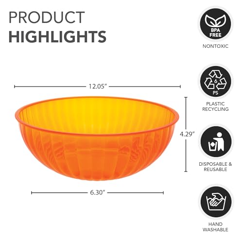 Party Essentials Hard Plastic 192 OZ./6 QT/1.5 Gallon Large Serving Bowls For Punch/Salad/Snack/Treat/Fruit, 3-Count, Neon Orange
