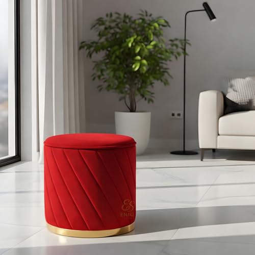 Image of Luxury Round Velvet Ottoman Stool with Gold Base - Modern Upholstered Footrest Pouffe, Tufted Vanity Seat, Living Room Bedroom Dressing Stool (Red)
