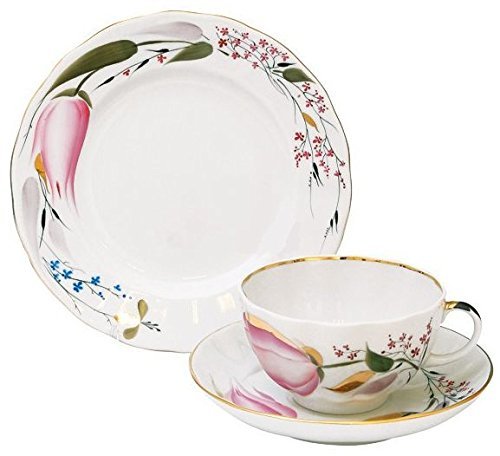 Lomonosov Porcelain Pink Tulips Tea Set 6/20: Tea Pot, Sugar Bowl, 6 Cups with Saucers and 6 Cake Plates