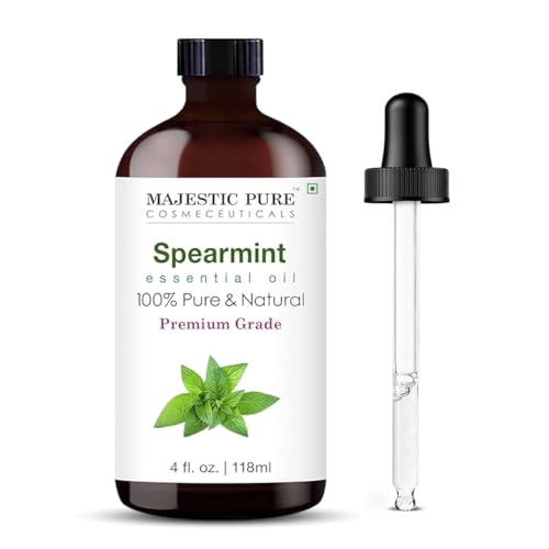 Majestic Pure Essential Oil with Glass Dropper - 100% Pure and Natural - Essential Oils for Diffuser Aromatherapy Soap and Candle Making Spearmint Essential Oil Spearmint Oil 4 Fl Oz