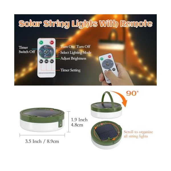 SoulBay Camping Lichterkette, 10m Langen Solar USB Aufladbar Campinglampe mit 5 Beleuchtungsmodi, Camping Zubehör Wasserdichte mit Fernbedienung für Outdoor Garten Balkon Zimmer Deko – Bild 7