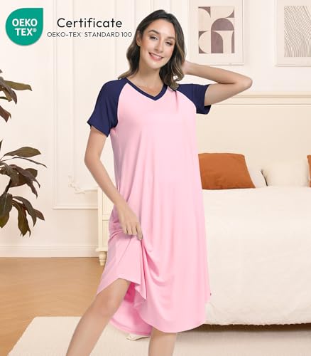 Image of NACHILA Women's Nightgowns-Viscose Made from Bamboo, Soft Sleepshirt Short Sleeve Nightshirt V Neck Sleepwear Cool Loungewear