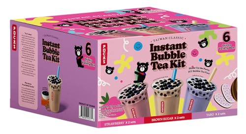 Pocas Bubble Tea Kit Variety 3-Pack (Brown Sugar, Strawberry, Taro) – Milk Tea Powder with Tapioca Pearls, Boba Straws, 3 Kits Per Box (9 Kits Total)