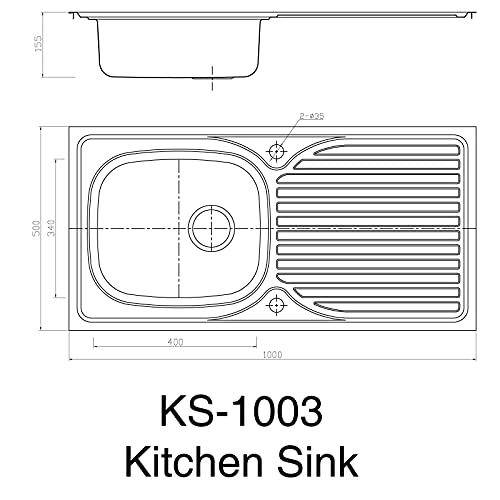 Dihl 1003 Kitchen Sink with Drainer, Single Bowl 1.0, Rectangle, 304 Stainless Steel, Silver, 100 x 50 cm, Inset, Includes Full Waste Kit and fixings - Image 3