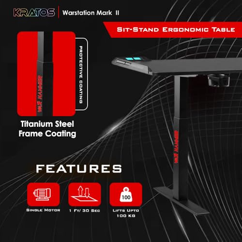 Image of WAR HAMMER RGB Warstation Carbonfibre Automatic Height Adjustable Sit Stand Desk | Black Frame Top Ergonomic Study Table with Digital Display & Memory Preset Option for Home Office (Black (RGB))