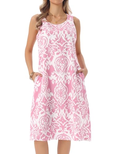 Image of Seta T Women's Summer Dresses Beach Casual Sleeveless Sundress Crewneck Print Loose Midi Tank Dress with Pockets