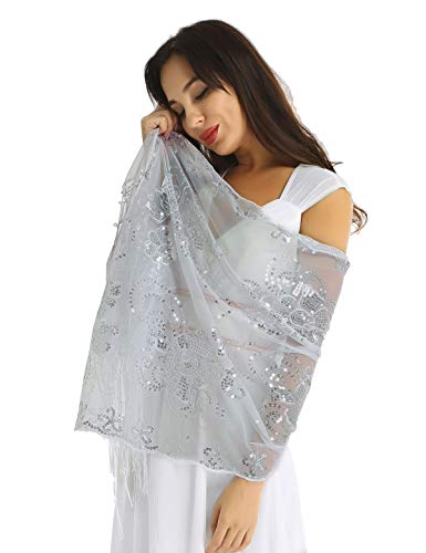 ACSUSS Women's Glittering 1920s Scarf Mesh Sequin Wedding Cape Fringed Evening Shawl Wrap2