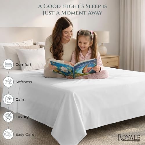 Image of Royale Linen 400 Thread Count 100% Cotton Flat Sheets Only - Cooling Sheets - Queen Top Sheet Sold Separately - Luxury Sateen Weave - Breathable & Super Soft White Flat Sheet Only (Queen, White)