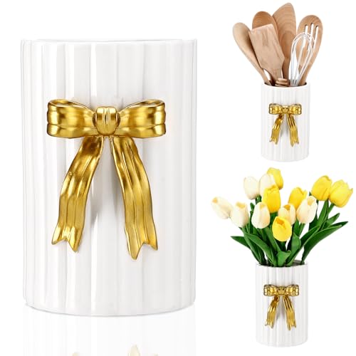 LemonRoad Gold Bow Ceramic Utensil Holder Gold Kitchen Decor