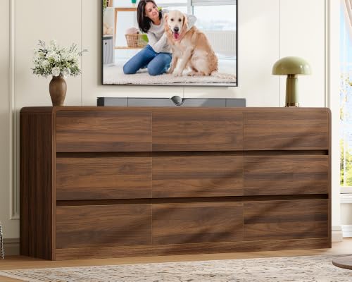 Image of TEENFON 9 Drawer Dresser for Bedroom, 63 inch Wide Dressers & Chest of Drawers with Curved Profile Design, Wood Closet Storage Dressers Organizer for Bedroom, Living Room, Walnut