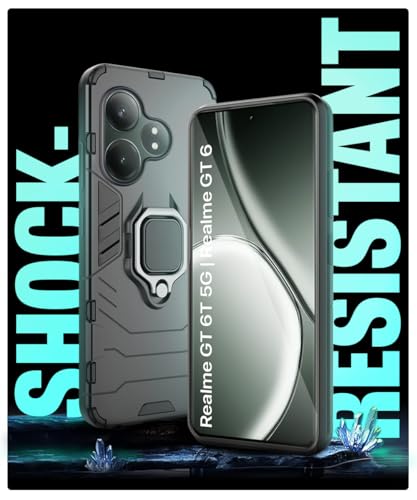 Image of WOW IMAGINE Shock Proof Back Case Mobile Cover for Realme GT 6T 5G | Realme GT 6 | Back Cover Case (Tough Armor | Hybrid PC + TPU | Ring Holder & in-Built Kickstand | Black)