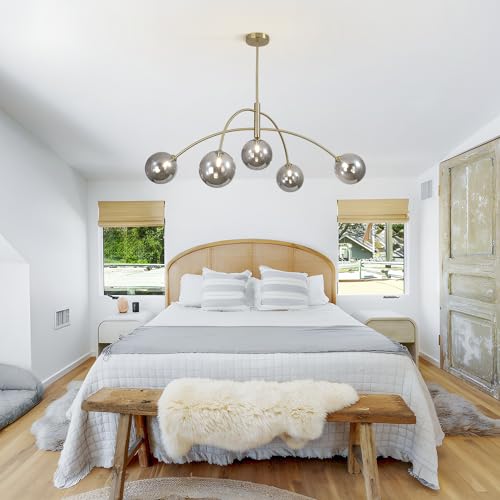 Image of Modern Gold Chandelier 5 Light Smoke Gray Semi Flush Mount Chandelier Vintage Industrial Ceiling Light Dining Room Chandelier for Kitchen Bedroom Hallway