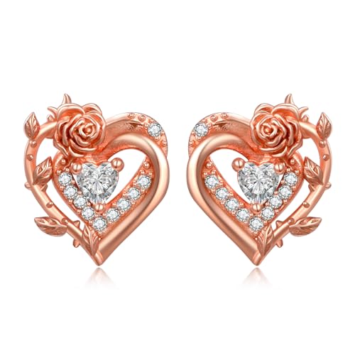 Zeuslia Pendientes de tuerca de plata de ley 925 con piedra natal de corazón rosa, para mujer, para el día de la madre, cumpleaños, aniversario, joyería de regalo para esposa, mamá, abuela e hija,