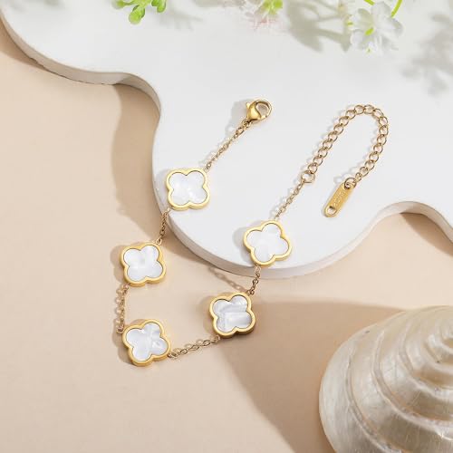 18K Gold Clover Lucky Bracelet – Double-Sided Pearl Flower Charms, Reversible Design, Adjustable Trendy Jewelry Gift for Women2