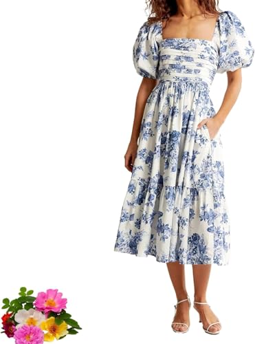 Image of Hivebabe Dress, Puff Sleeve Midi Dress, Flowy Beach Floral Ruffle Midi Dresses With Pockets Dress, White Blue, M