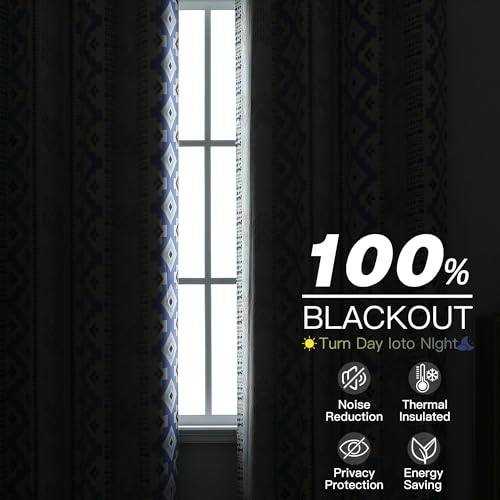Image of XiDi 100% Blackout Blue Boho Curtains for Bedroom 84 Inches Long 2 Panels Thermal Insulated Mid Century Modern Farmhouse Blue Geometric Curtains for Living Room Grommet Window Drapes, 52Wx84L