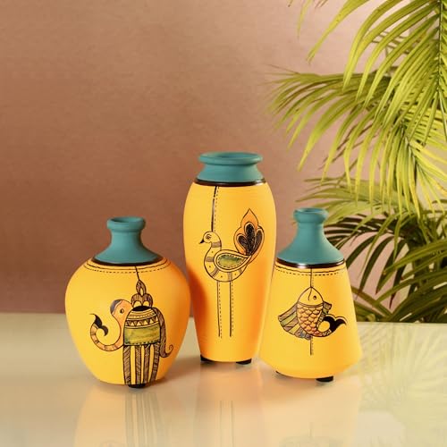 Image of Aakriti Art Creations Terracotta Vases Set of 3 | Hand Painted Yellow Madhubani Art Flower Vases Matte Finish Decorative Vases for Home Decor & Gifting