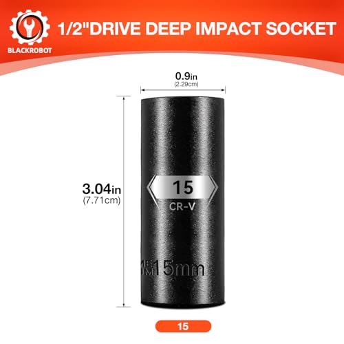 Image of BLACKROBOT 1 /2 Inch Drive 6-Point Deep Socket, 15mm Deep Impact Socket, CR-V Steel