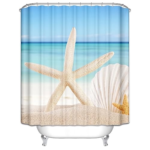 Homxi Duschvorhang mit Ösen,165 W x 180 H cm,Badvorhang Khaki Blau Strand mit Seesternen und Muscheln Polyester Duschhaken Duschvorhang