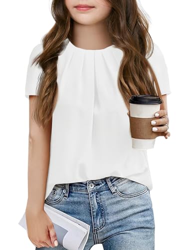 Image of Girls Shirts Summer Short Sleeve Cute Tops Chiffon Pleated Blouses 5-14 Years