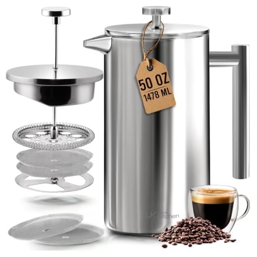 Utopia Kitchen 304 Grade Stainless Steel French Press Coffee Maker 50 Oz, Double Wall Insulated Coffee Press with 4-Level Filtration system, Include 2 Extra Filters, Rust-Free, Dishwasher Safe, Silver