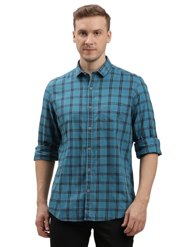 Image of Turtle Men 100% Cotton Slim Fit Checkered Blue Casual Shirt