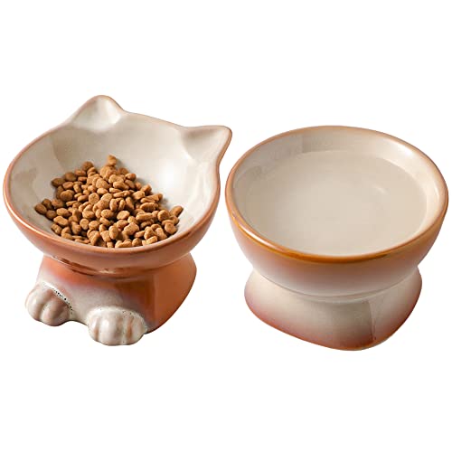 Image of Nihow Elevated Cat/Dog Bowls Set : 5 Inch Ceramic Raised Cat Food & Water Bowl Set for Protecting Pet