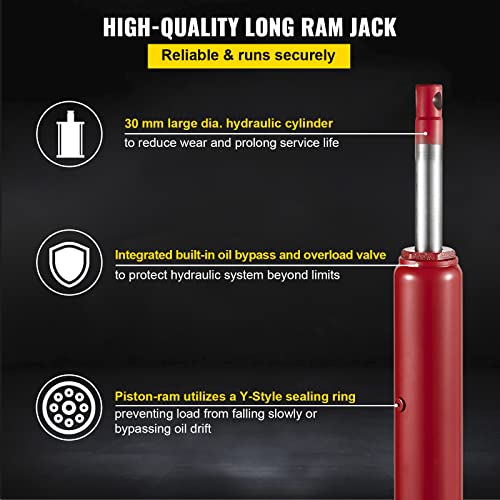 Image of VEVOR Hydraulic /Pneumatic Long Ram Jack, 8 Tons /17363 lbs Capacity, with Single Piston Pump and Clevis Base, Manual Cherry Picker w /Handle, for Garage /Shop Cranes, Engine Lift Hoist, Red