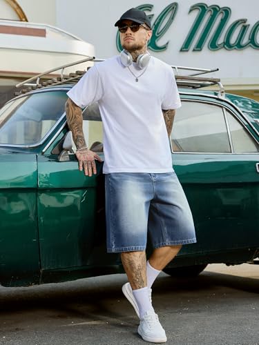 Image of PLEPAN Mens Super Baggy Jean Shorts 12 inch Vintage Loose Fit Wide Leg Long Jorts Y2K Streetwear Below Knee Denim Shorts
