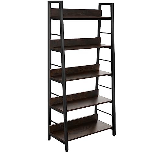 BATHWA 5 Tier Book Shelf Rustic Industrial Ladder Bookshelf Wood Metal Dark Brown Farmhouse 28 Wide 59Tall Ladder Shelf Living Room Bedroom Home Office