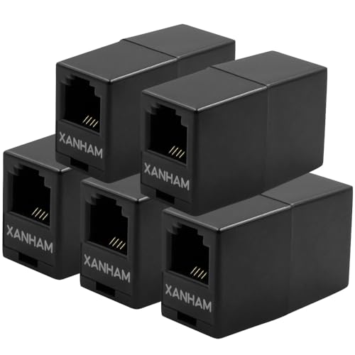 XANHAM RJ11 Coupler(5 Pack) Telephone Line Cable 6P4C Connector Adapter Straight Connection Female to Female for Phone Wire Extension, Black, AV01104
