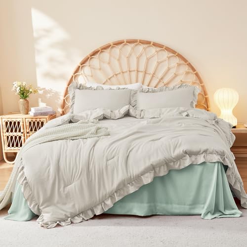Image of Litanika Linen Grey Full Size Comforter Sets, 3 Pieces Ruffle Farmhouse Aesthetic Bedding Comforter Sets, All Season Soft Lightweight Fluffy Microfiber Bed Set(79x90In Comforter, 2 Pillowcases)