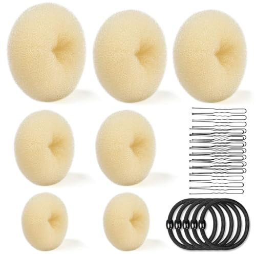 KIRZAX Donut Moño Kit, Accesorios de Peinado Kit, Incluye 7 Donuts para El Pelo, 20 Horquillas en Forma de U,5 Gomas de Pelo,para Mujeres Niñas, Bailarinas de Ballet para Hacer Moños(Beige)