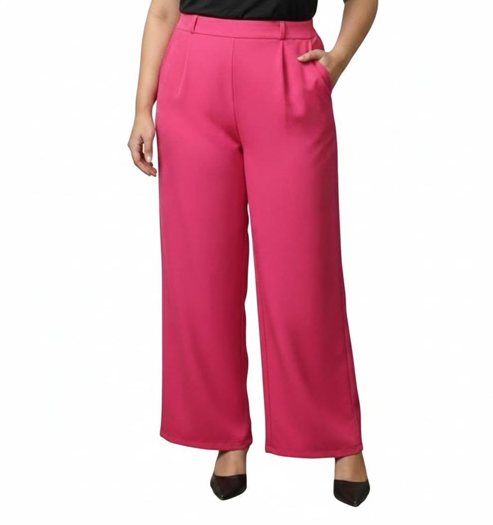 sqew Women Plus Size Wide Leg Trousers, Hot Pink, Lycra Fabric, High Waisted Palazzo Pants with Pockets-picture-48