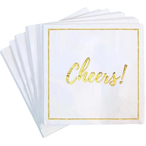 Cheers Cocktail Napkins, 100 Pack, Gold Foil Disposable Beverage Napkin for Wedding Receptions, Bridal Showers, New Year's, Birthdays, Baby Shower, Engagement Parties, Bachelorette Decorations Cover