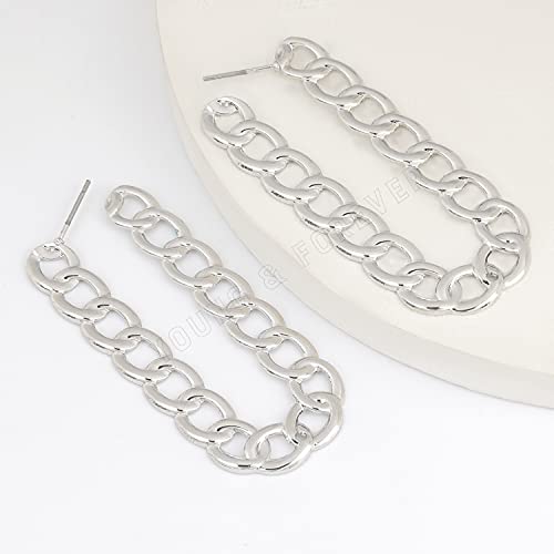 Image of Young & Forever Valentine Gift Stainless Steel Curb Chain Hoop Earrings for Women Big Hoop Dangle Earring for Women U Shaped Earrings Thin Geometric Hoop Earrings