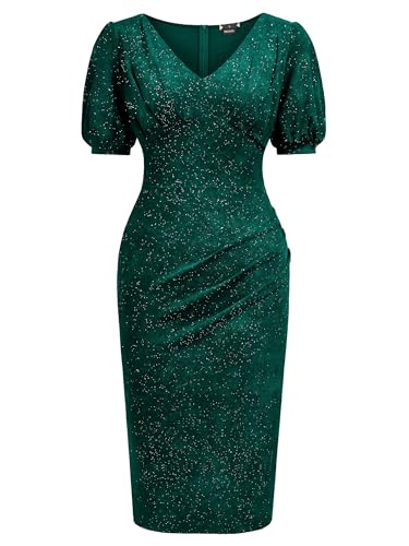 Image of Miusol Women's Retro V-Neck Elegant Glitter Wrap Ruched Puff Sleeve Cocktail Party Dress