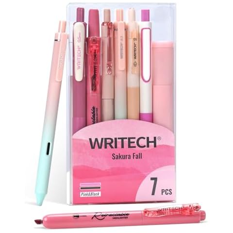 WRITECH Gel Pens Journaling Highlighters: Journal Set Aesthetic Assorted Pastel Color Ink 0.5mm Fine Point Retractable 0.7mm Black Pen Smooth Writing Drawing No Bleed 7ct (Pink) Cover