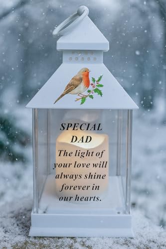 Dad Memorial Light Up Lantern – Christmas Robin & Holly LED Candle Ornament for Graveside Remembrance or Home Display