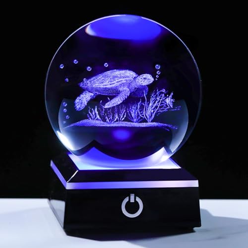 Image of 3D Crystal Ball Sea Turtle Gifts for Women Men Snow Globe Ornament with LED Base Night Light, Laser Engraved Sea Turtle Decor Figurines Gifts for Turtle Lovers