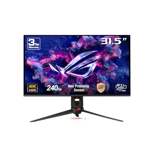 ASUS ROG Swift OLED PG32UCDMR 32 Zoll 4K UHD Gaming Monitor (240 Hz, 0.03ms GtG, G-Sync, FreeSync, AdaptiveSync, 10-bit, DisplayHDR 400, 16:9, 3840x2160, DP 2.1, HDMI 2.1, 90W USB-C, USB-Hub)