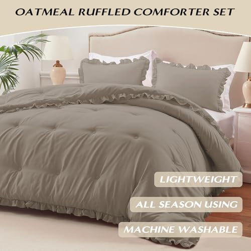 Image of HARBOREST Twin Comforter Set Oatmeal - Ruffle Comforter for Twin Size Bed, Fluffy Twin Size Comforter Set for All Seasons, 2 Pieces Shabby Chic Bedding Comforter Sets(1 Comforter & 1 Pillow Sham)