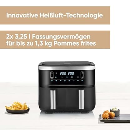 SEVERIN Doppel Heißluftfritteuse mit 2 x 3,8 L Garraum, XXL Heißluftfritteuse für gesundes Kochen, 8 Automatik-Programme, Fritteuse ohne Fett mit Dörrfunktion, 2850 W, schwarz/silber, FR 2453 – Bild 3