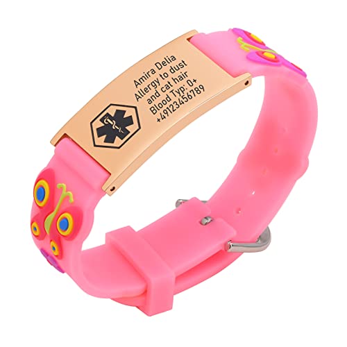 MEALGUET Medical Alert id Bracelets for Kid, Customized Children Silicone & Stainless Steel Adjustable Medical ID Wristband for Toddler,Child,daughter,son, safety ID Bracelet