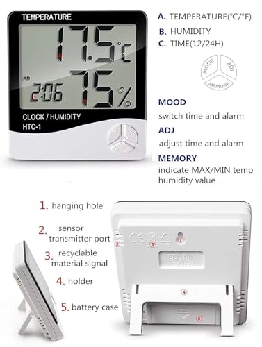 Image of MCP Healthcare HTC-1 Room Thermometer with Humidity Incubator Meter and Accurate Temperature Indoor Sensor Indicator Wall Mounting LCD Digital Clock Monitor for Home, Office, Comfort & Health (White)