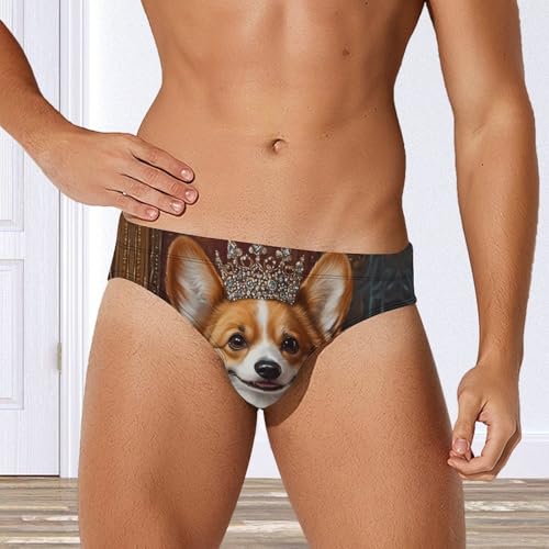 Corgi Dog Queen Men's Swimming Trunks Briefs Beach Swimwear Low Rise Bikini Swimsuit Print Bathing Suit4