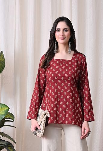 Image of MEERA FAB Women's Floral Printed Cotton Short Kurta Square Neck | Floral Printed Kurta with Full Sleeves | Short Kurti for Women