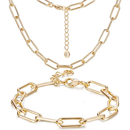 18K Gold Dainty Paperclip link Chain Choker Bracelet Necklace Set, Anchor Link Thick Chunky Chain Necklace Bracelet Set Jewelry Gift for Men Women Girls